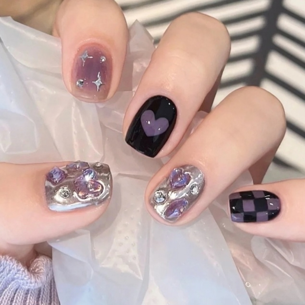 3D Rhinestone Hearts Checkerboard Press On Nails